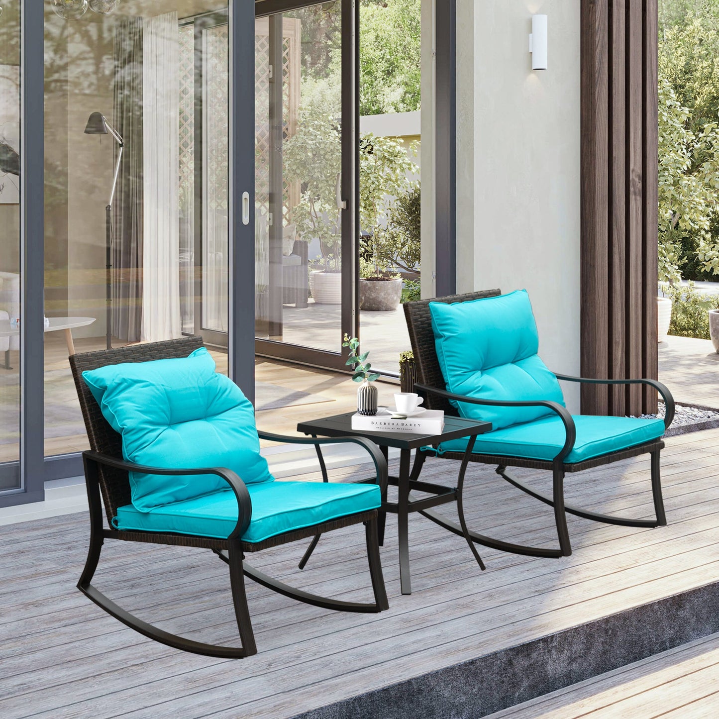 Metal 2-Person Outdoor Patio Rocking Seating Group with Cushions, Blue