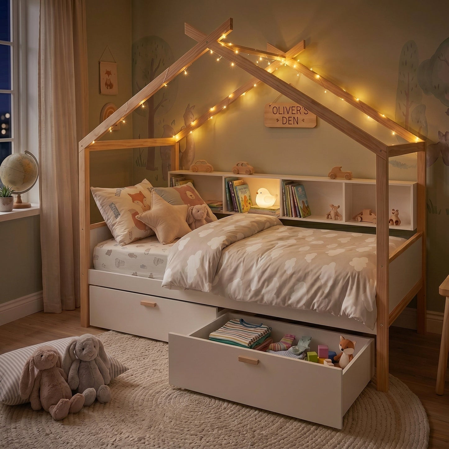 White Full Size Wooden House Bed with Two Drawers and Bookshelf Storage