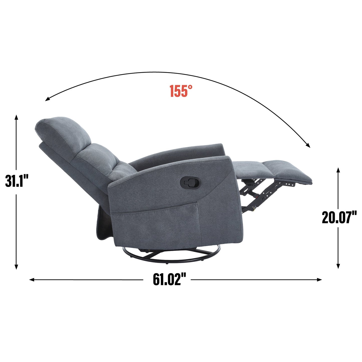 Manual Recliner Chair with Rocker and Swivel in Fabric for Living Room, Grey