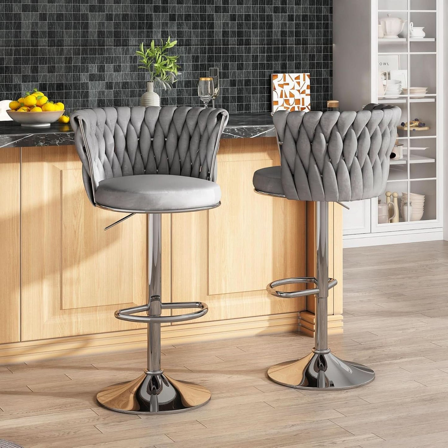 Modern Velvet Swivel Bar Stools Set of Four
