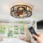 Caged Flush Mount Ceiling Fan with LED Lights & Remote – Farmhouse Matte Black, 6 Speeds & Reversible DC Motor