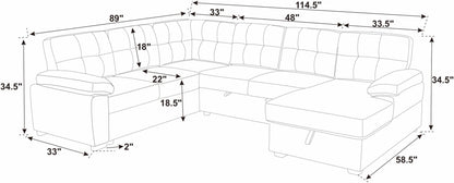 Sofa Bed U-Shape Faux Leather Brown Sleeper Storage Chaise 114 In