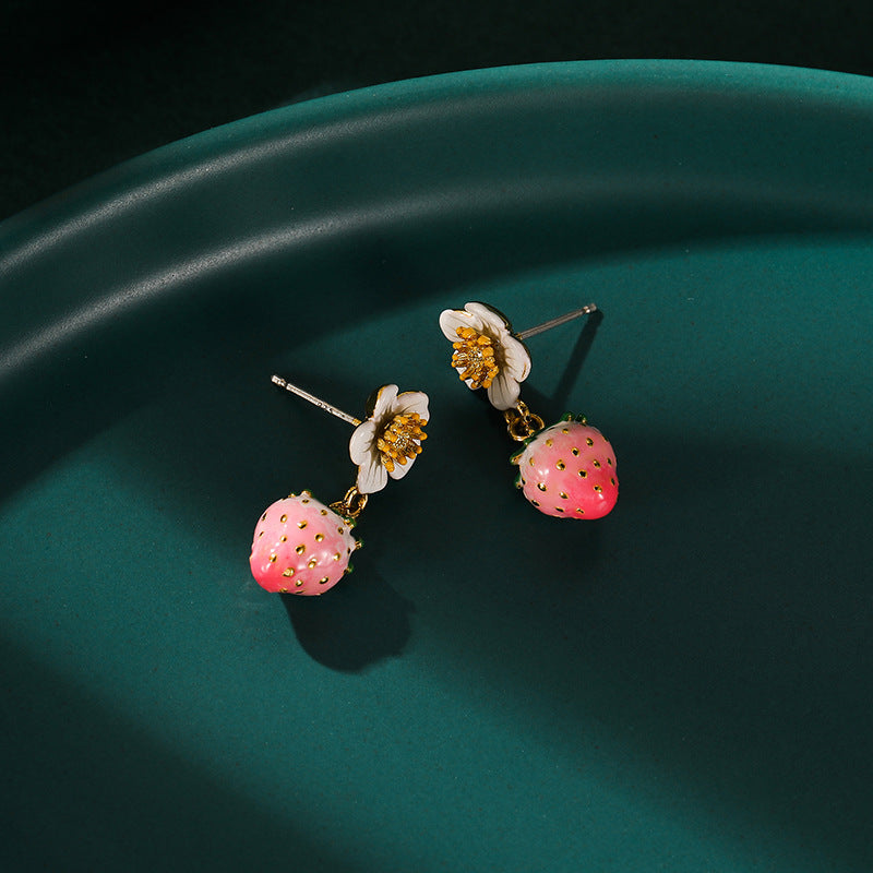 Enamel Strawberry Silver Needle Earrings For Women