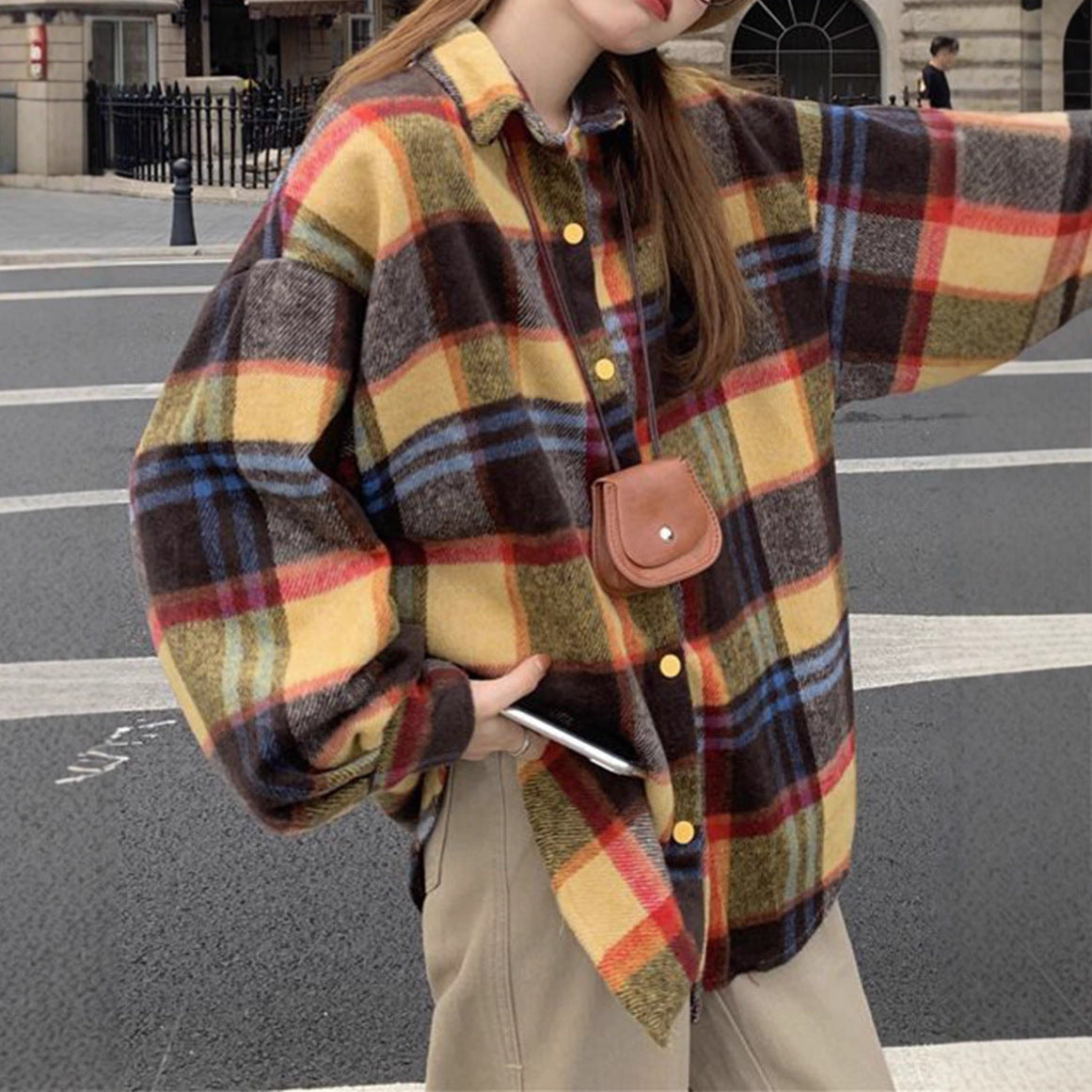 Koreanstyle SpringAutumn FleecLined Thickened Brushed Plaid Shirt For Women