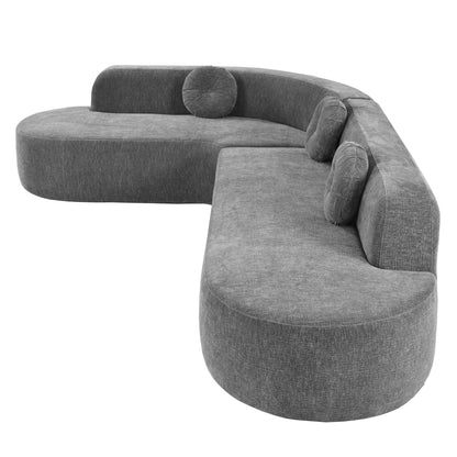 Sectional Sofa Curved Corner Chenille Gray 4 Seat 122 In 3 Pillows