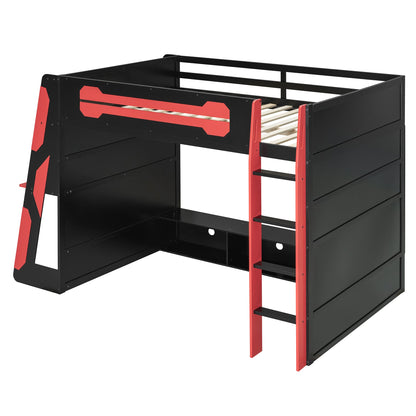 Full Size Wood Loft Bed with Desk, Multi-storage Shelves and RGB Light, Red