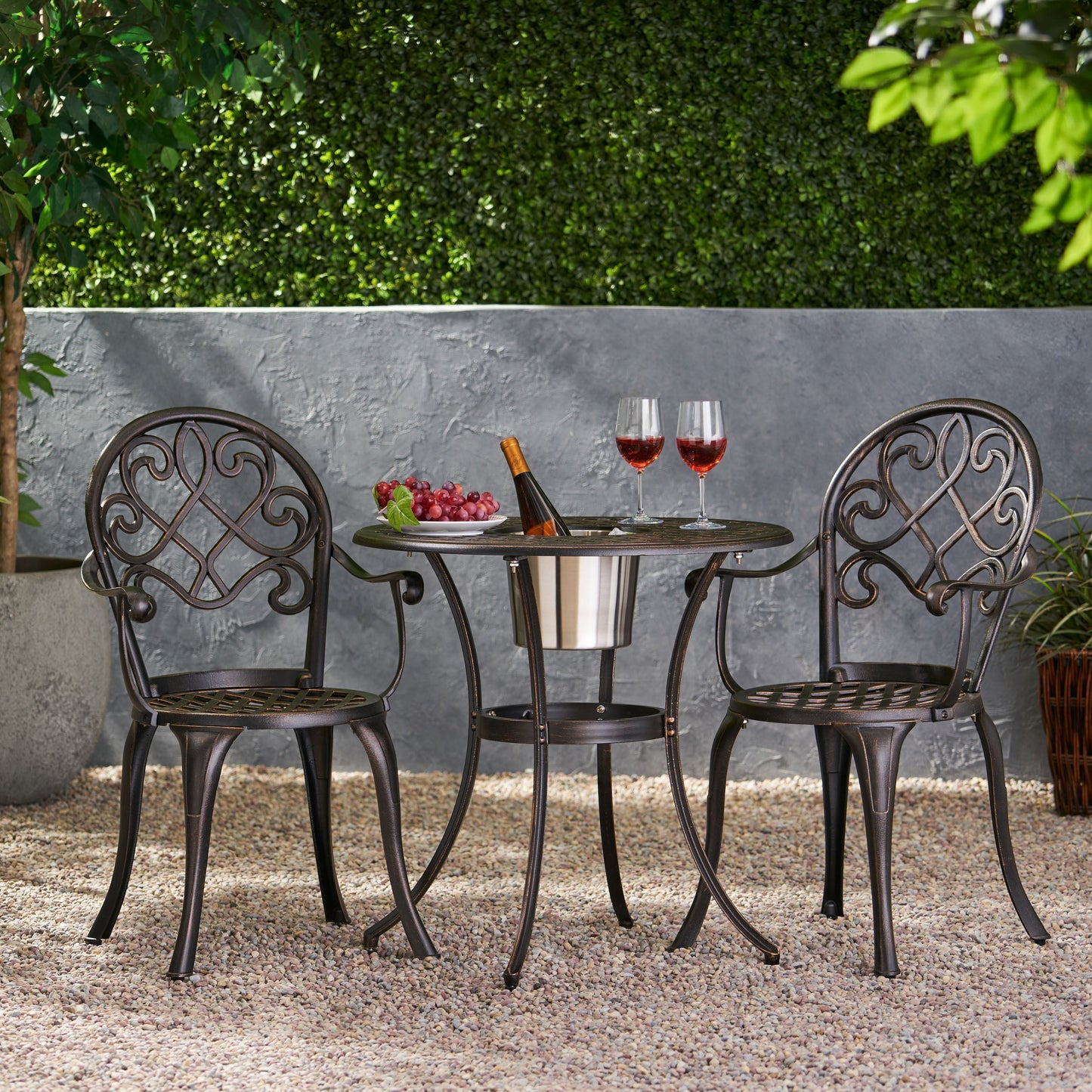 Outdoor Bistro Set Cast Aluminum Copper 3 Piece Ice Bucket Table 2 Chairs