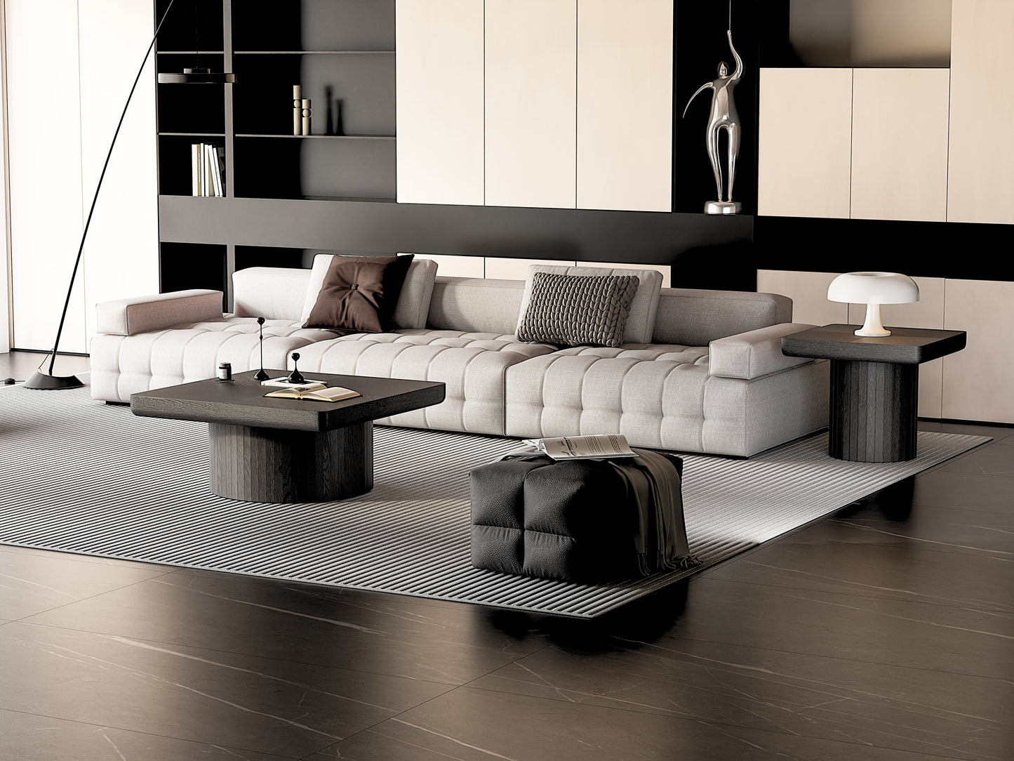 2-Piece Wood Nesting Coffee Tables, Fluted Pedestal, Living Room, Black