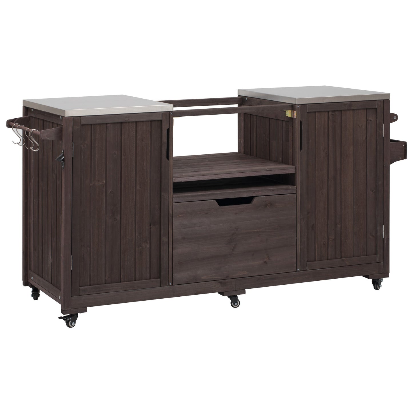 Outdoor Kitchen Island Grill Cart Fir Wood Stainless Steel 66.5