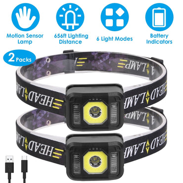2Packs Rechargeable Motion Sensor Headlamp 6 Light Modes COB XPG Headlight Torch Flashlight for Fishing Running Camping Hiking