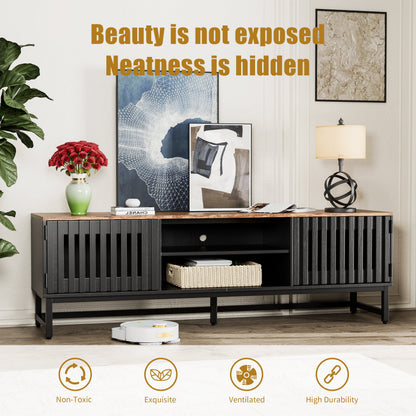 TV Stand Mid-Century Black MDF Slatted Grille Doors 4-Shelf Fits 60 In TV