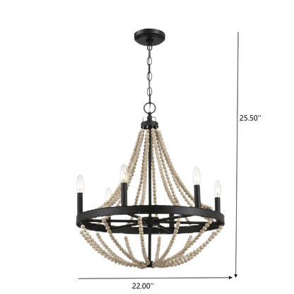 Chandelier Farmhouse Wood Beaded 6-Light Black Metal Glass 22 In
