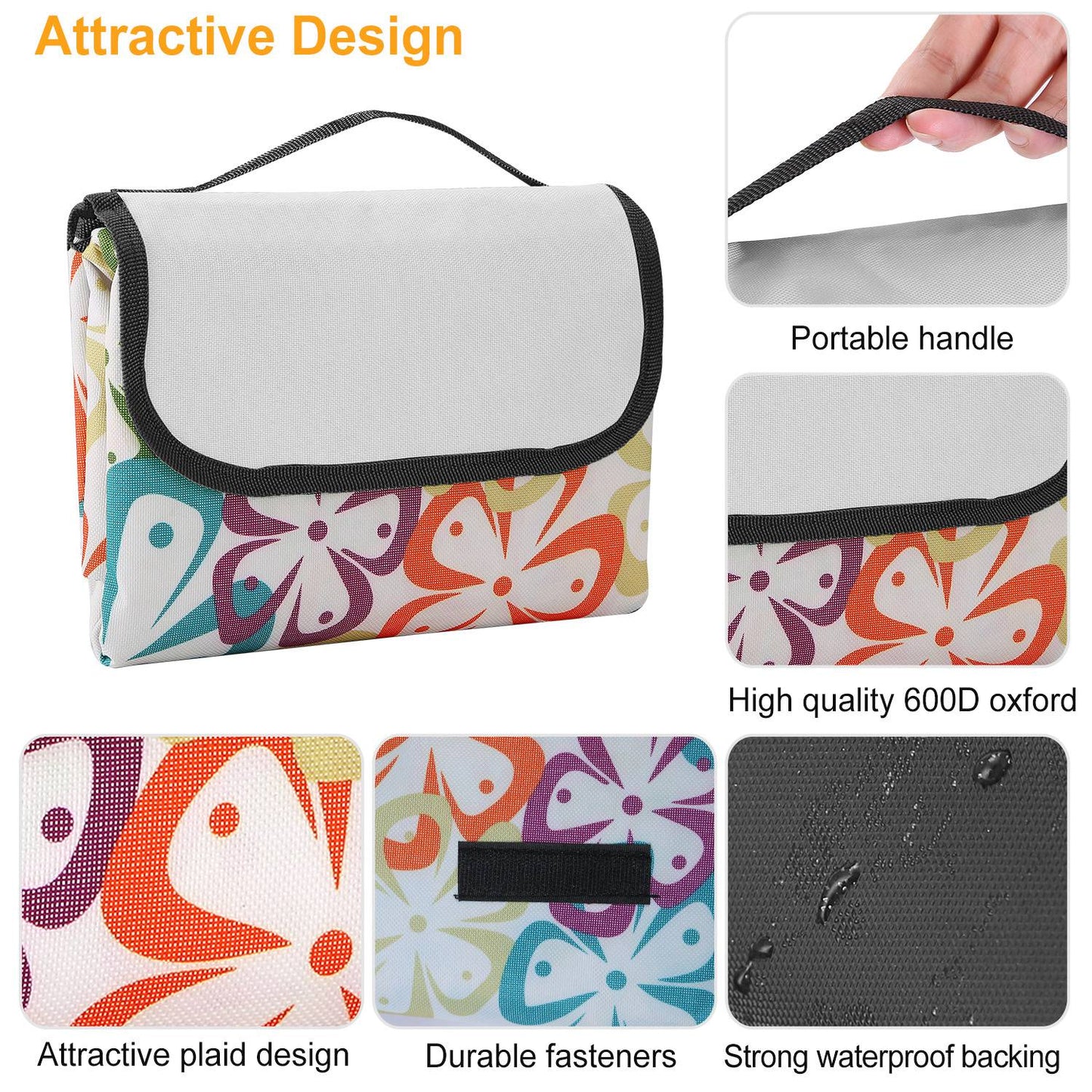 60" x 78" Waterproof Picnic Blanket Handy Mat with Strap Foldable Camping Rug for Camping Hiking Grass Travelling