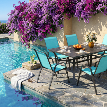 7 Piece Outdoor Dining Set Seats 6 Steel Wood Grain