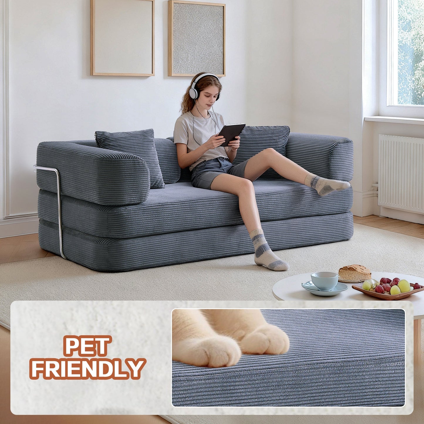 Sofa Bed Floor 5-in-1 Corduroy Gray Convertible Pillow Blanket 74.8 In