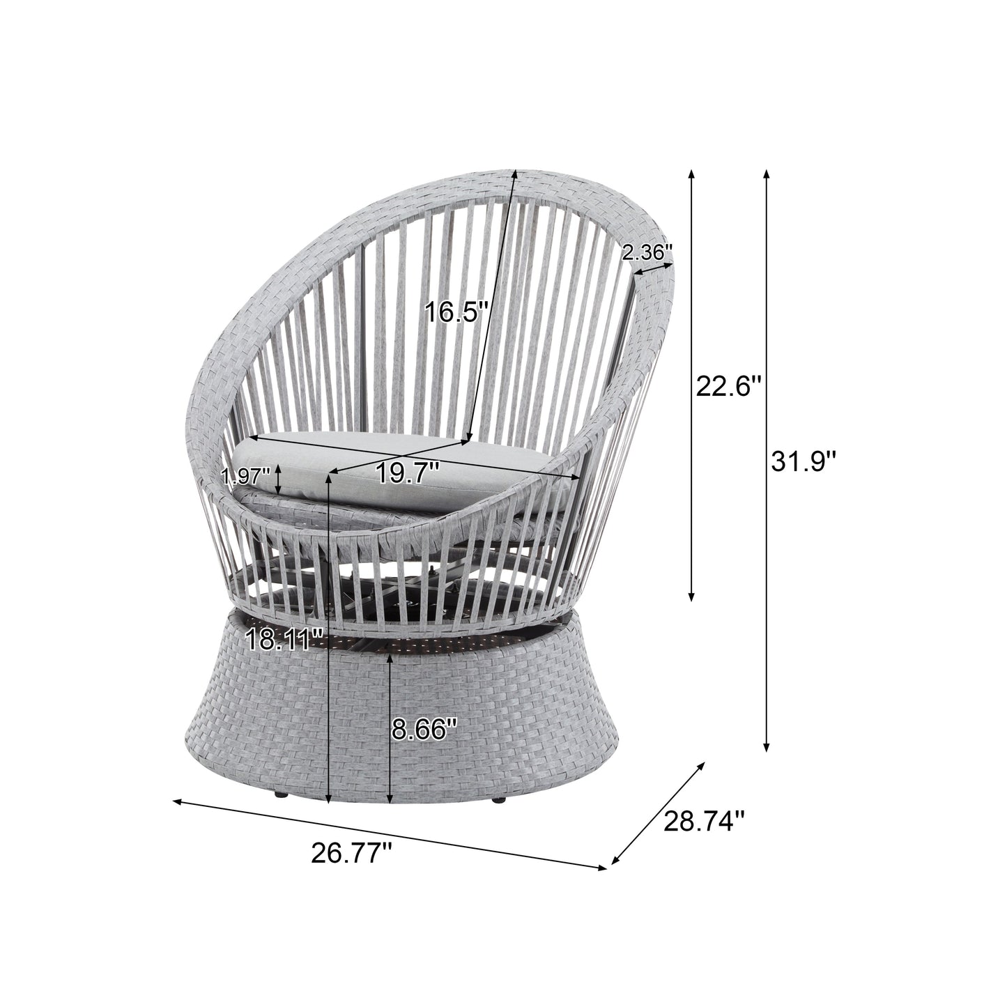 Modern Silver Grey Swivel Wicker Lounge Chair Set with PE Rattan and Iron