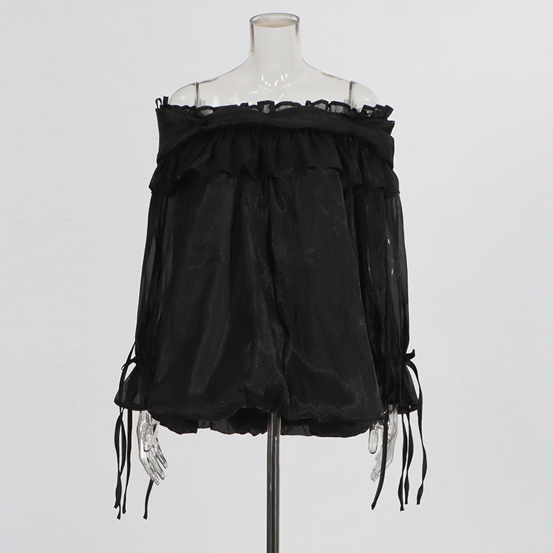 Retro Off-the-Shoulder Strap Bell-Sleeve Solid Color Chiffon Top