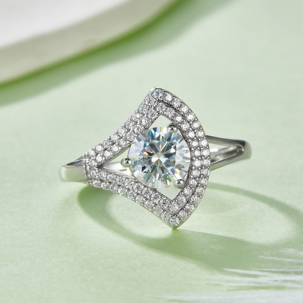 S925 Sterling Silver 1ct Moissanite Ring, D-VVS1 Round Cut Geometric V-Halo, Platinum Plated 3g US 5-9 GRA Gift Box