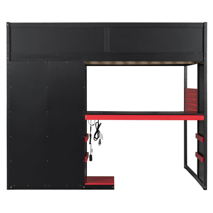 Full Size Wood Loft Bed with Desk, Multi-storage Shelves,USB and RGB Light, Red