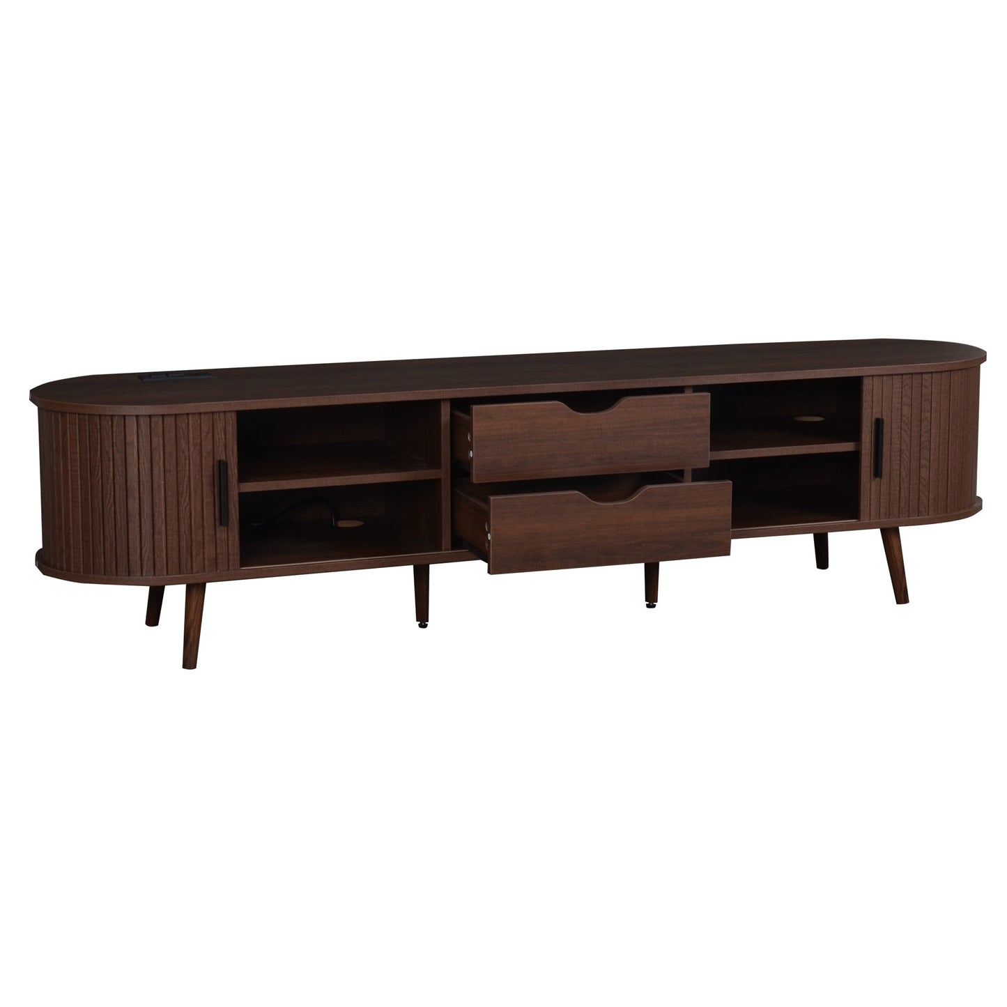 TV Stand Mid-Century Dark Brown MDF Tambour Door 2 AC 2 USB Fits 80 In TV