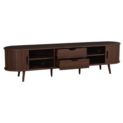 TV Stand Mid-Century Dark Brown MDF Tambour Door 2 AC 2 USB Fits 80 In TV