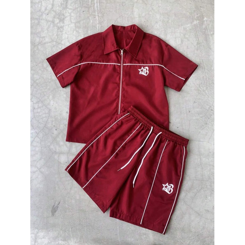 Striped Zip-front Short-sleeve Shirt And Shorts Set