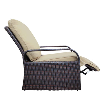 Outdoor Recliner Lounge Chair Wicker Khaki Cushion 3 Position 350 lb Cap