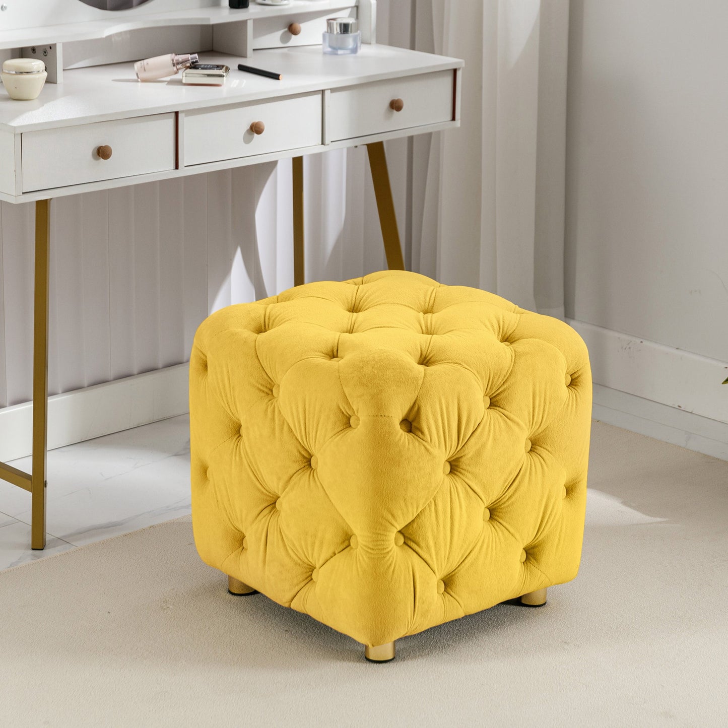 Yellow Modern Velvet Upholstered Ottoman Small Cube 18.11x18.11x18.9