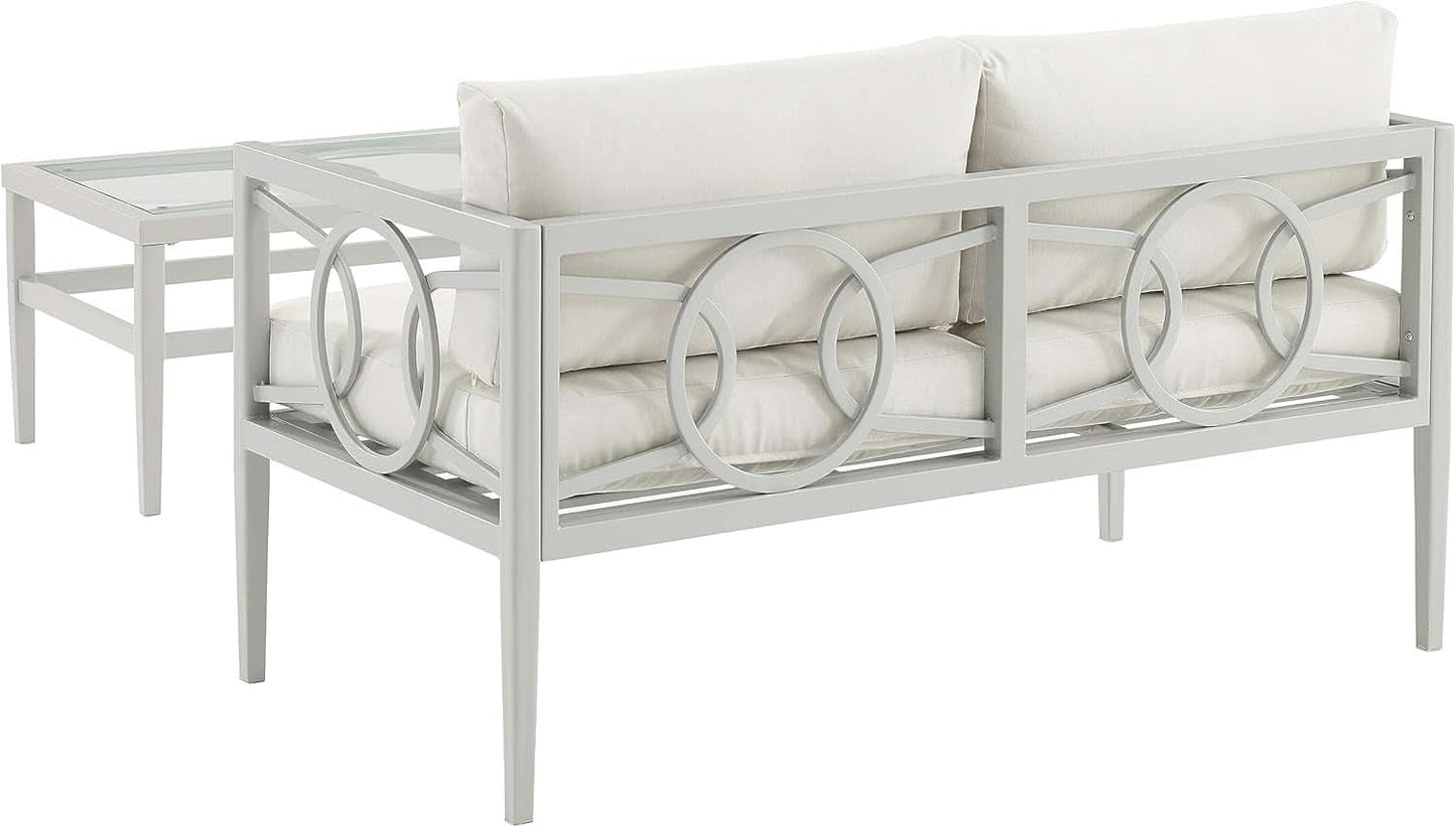 2 Piece Outdoor Coffee Table And Loveseat Set Gray Frame Creme Cushions