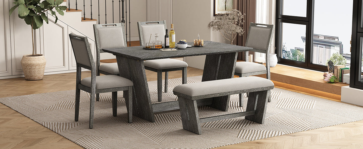 6-Piece Retro Dining Table Set for 6, 60' Wood Kitchen Table and Chairs Set of