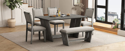 6-Piece Retro Dining Table Set for 6, 60' Wood Kitchen Table and Chairs Set of