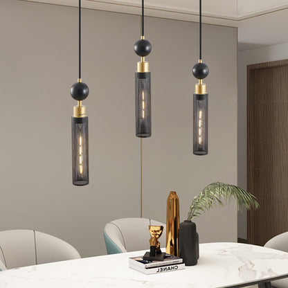 Chandelier 3-Light Black Gold Pendant Cylindrical Mesh Shades 25 In
