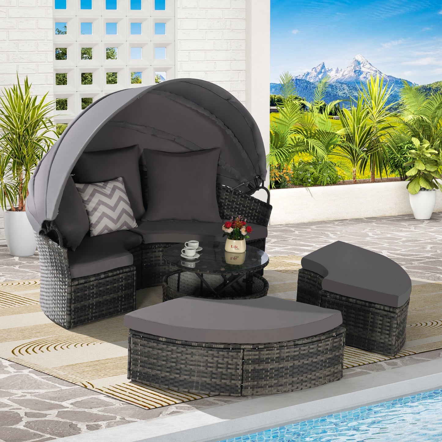 Chaise Lounge PE Rattan Canopy 380lb Capacity