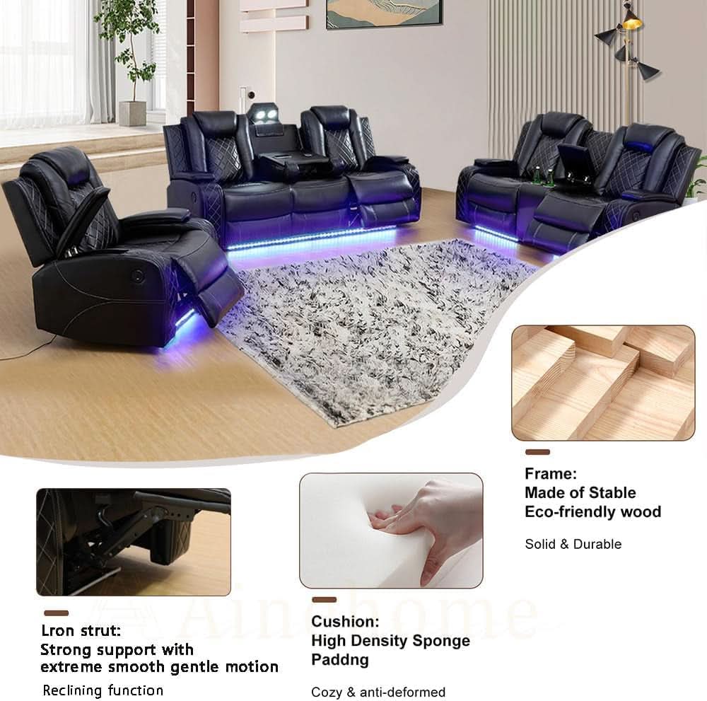 Black Power Air Leather Recliner Sofa Set With LED Lights
