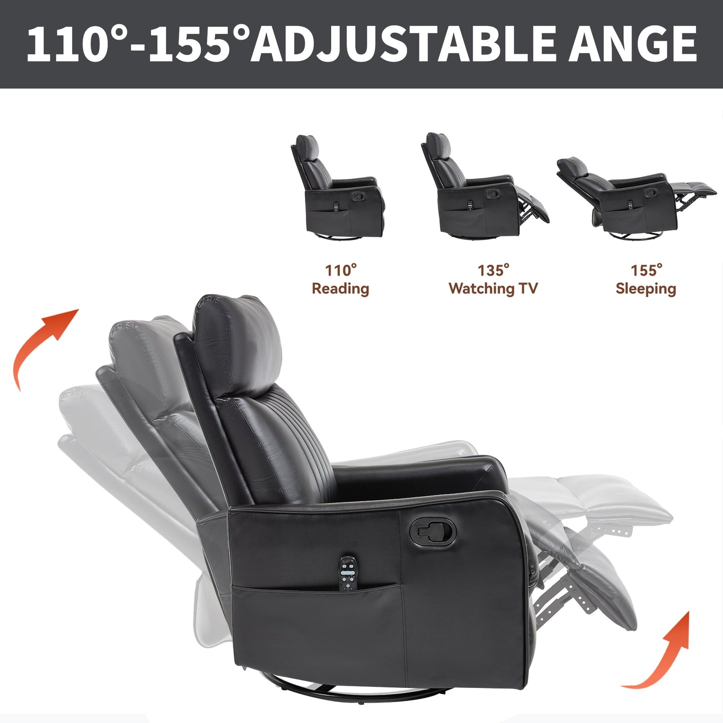 Recliner Chair Swivel Rocker Faux Leather Black Heat Massage