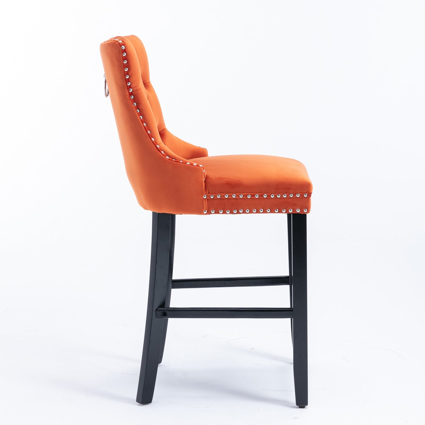 Velvet Upholstered Barstool Set of 2, Button Tufted, Chrome Nailhead, Orange