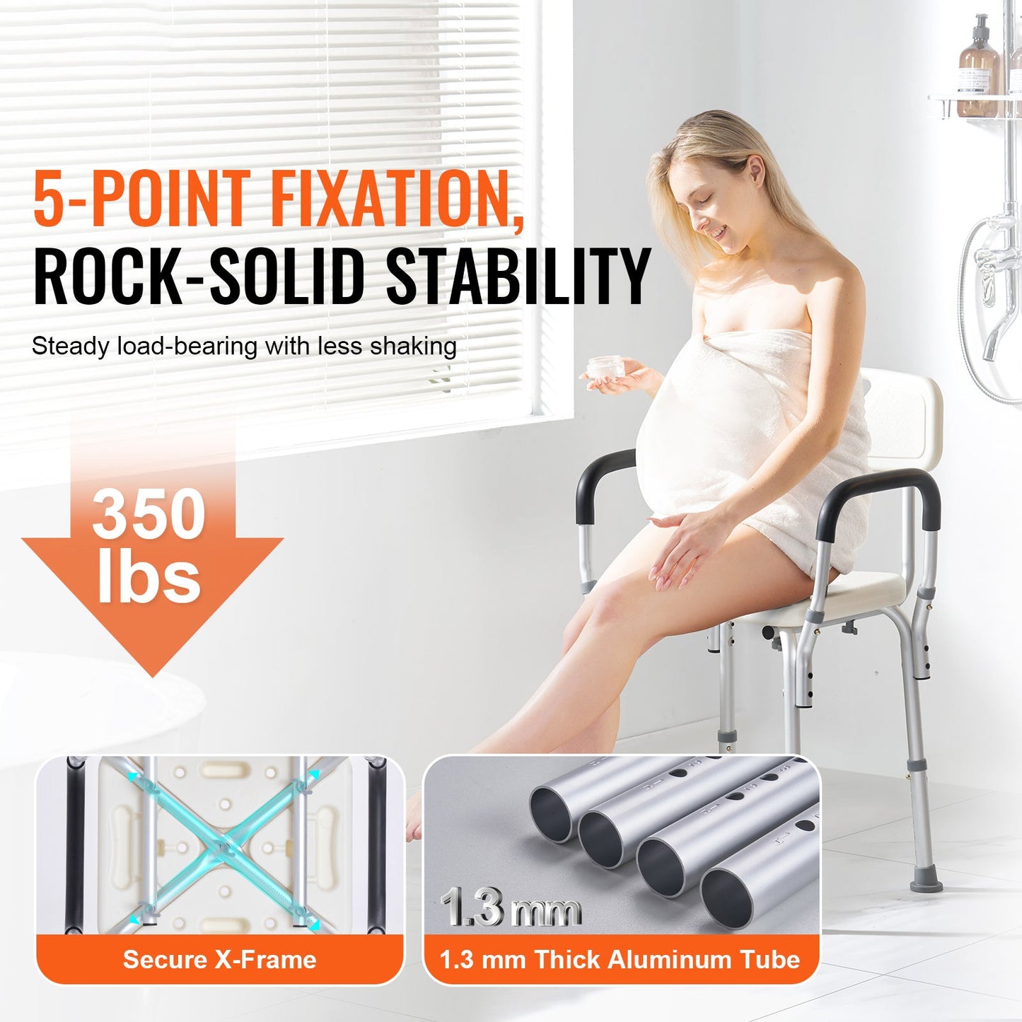 Shower Chair with Backrest Aluminum Adjustable Height Non-Slip 350 LB