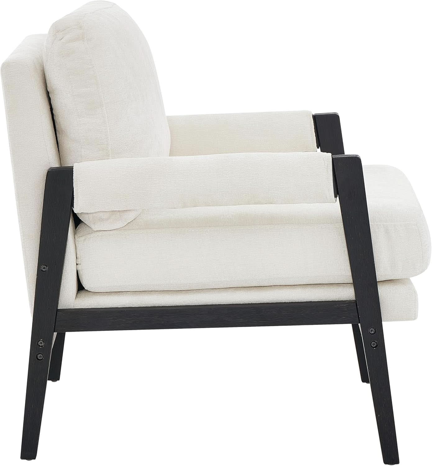 White Chenille Upholstered Mid Century Accent Armchair