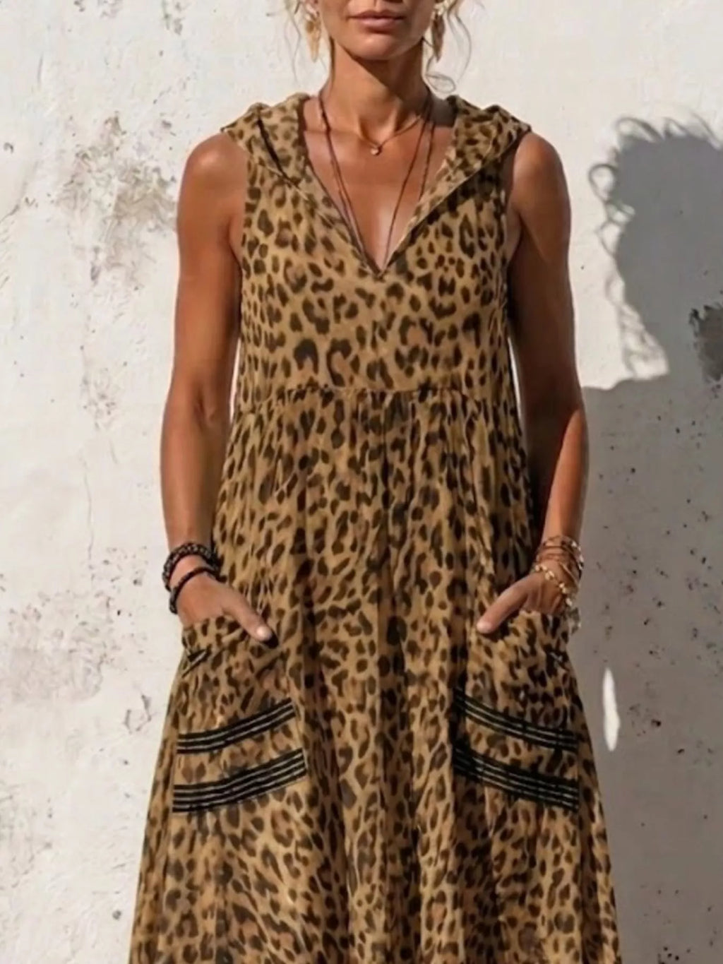 Full Size Sleeveless Hooded Leopard Print Maxi Dress with Pockets Plus Size