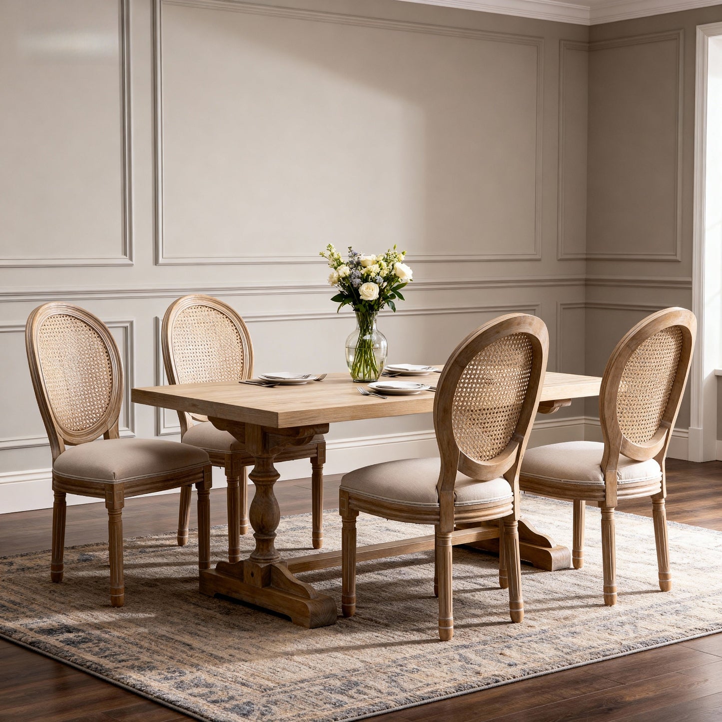 French Style Solid Wood Linen Fabric Rattan Back Dining Chair, Set of 2, Beige