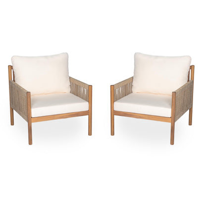 Outdoor Lounge Chair Solid Wood Teak Woven Polyester Cushion Set of 2