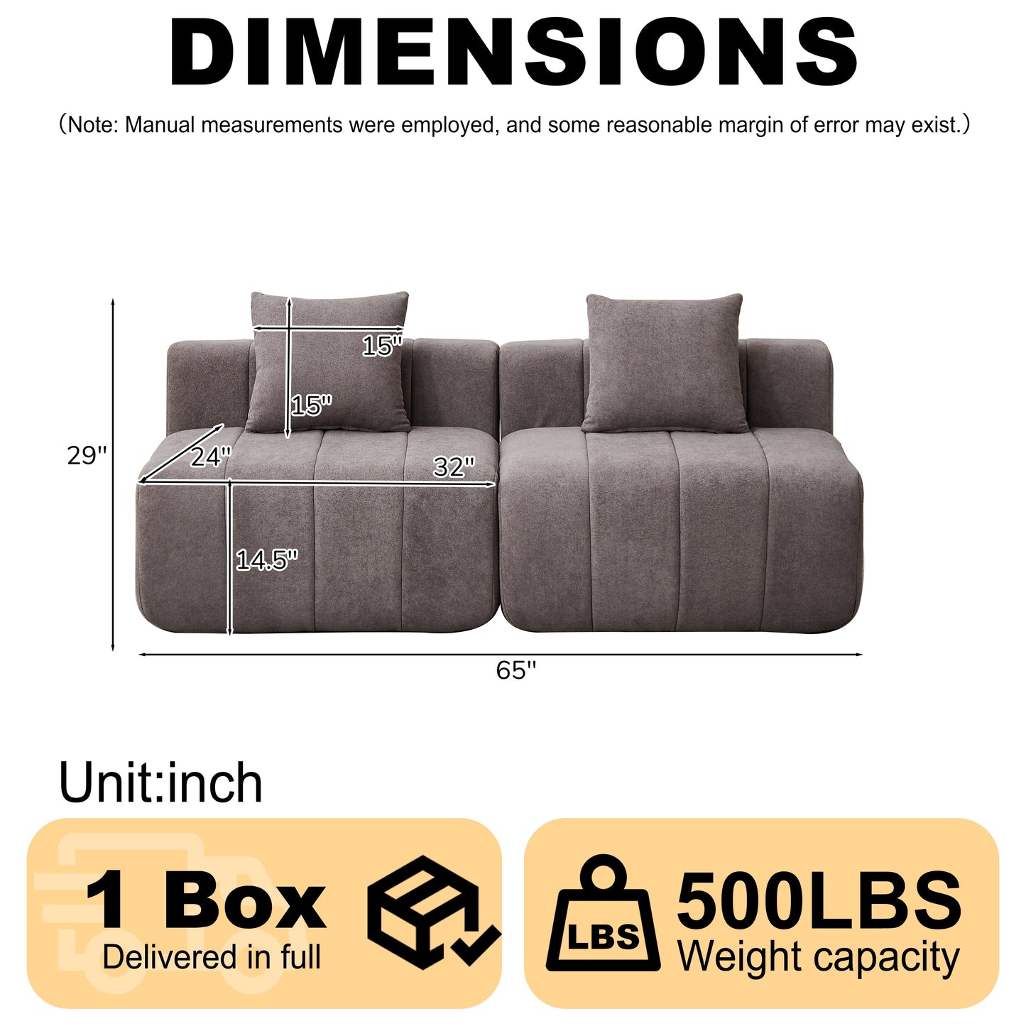 Loveseat Modular Chenille Gray 2 Seat Piano Key Design