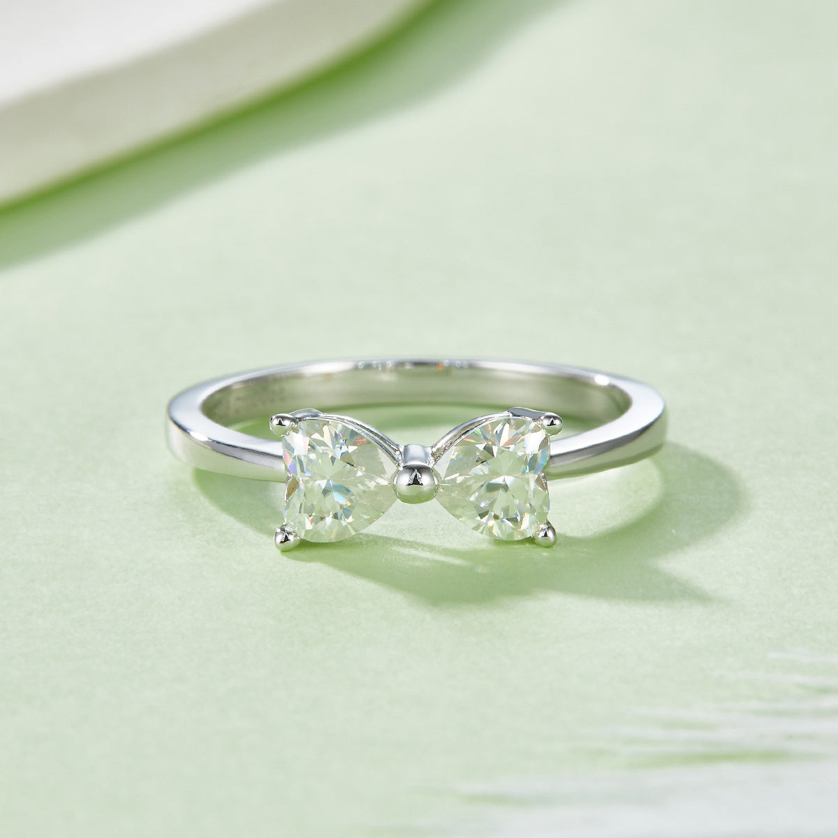 Heart Bow Tie Moissanite Promise Ring, 1 Carat D Color VVS1 Two-Stone S925 Silver Platinum Plated Ring With GRA Certificate, US Size 5-9.