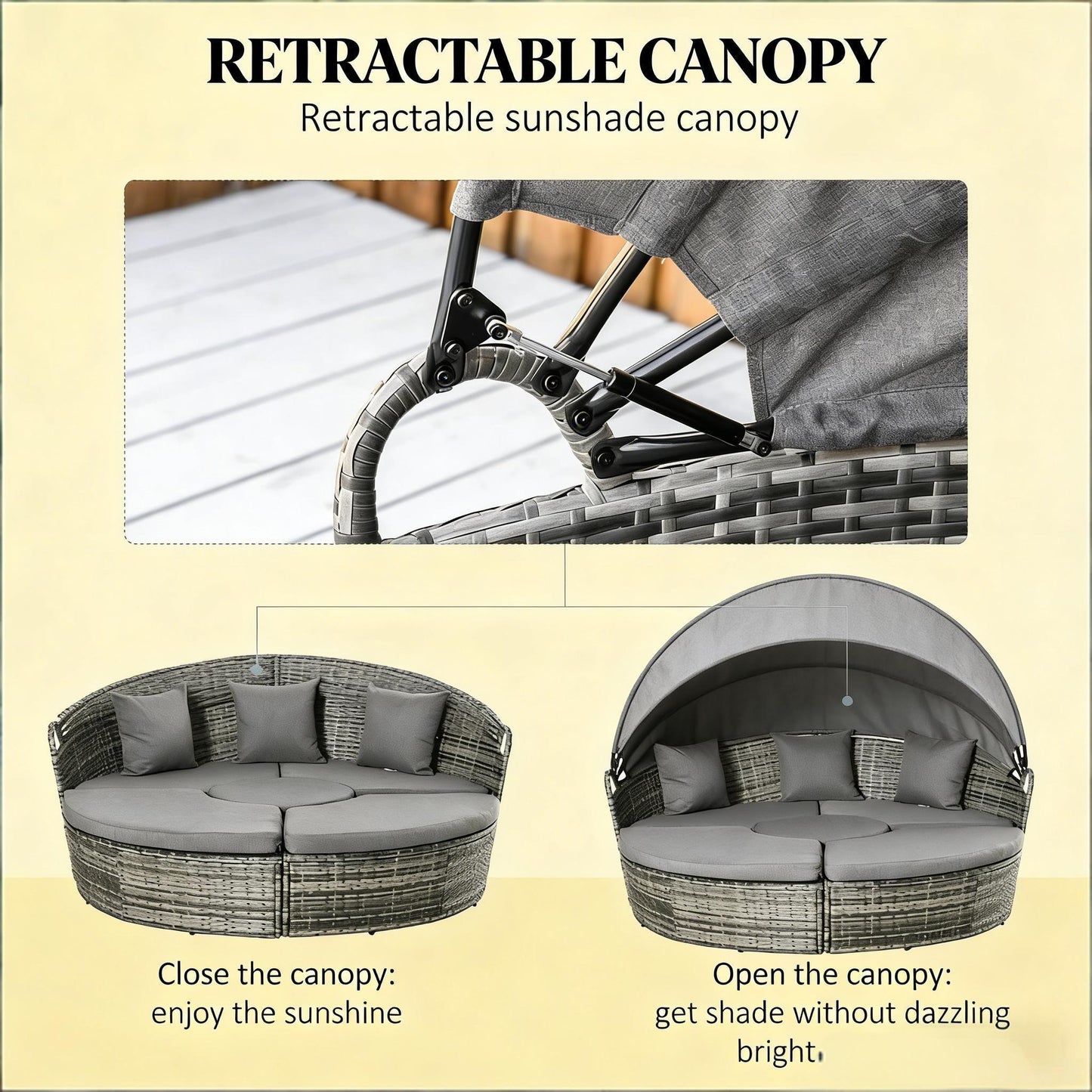 Outdoor Round Daybed Set PE Rattan Gray 4 Piece Canopy 352 lb Capacity