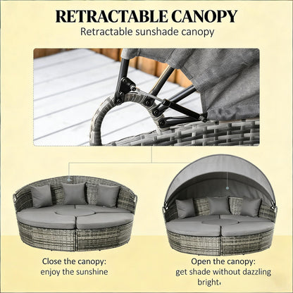 Outdoor Round Daybed Set PE Rattan Gray 4 Piece Canopy 352 lb Capacity