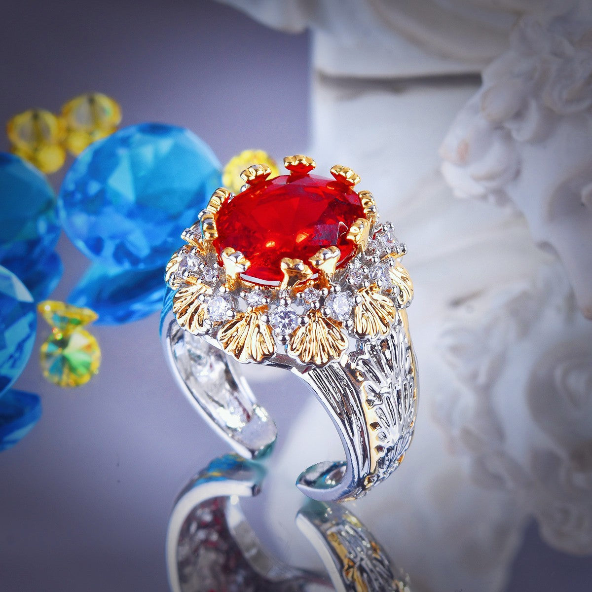 Vintage Two Tone Floral Prong Adjustable Open Ring For Women, Square Cut Scarlet Tone Simulated Zirconia Full Micro Pave Rhinestone Light Luxury Party Statement Finger Jewelry