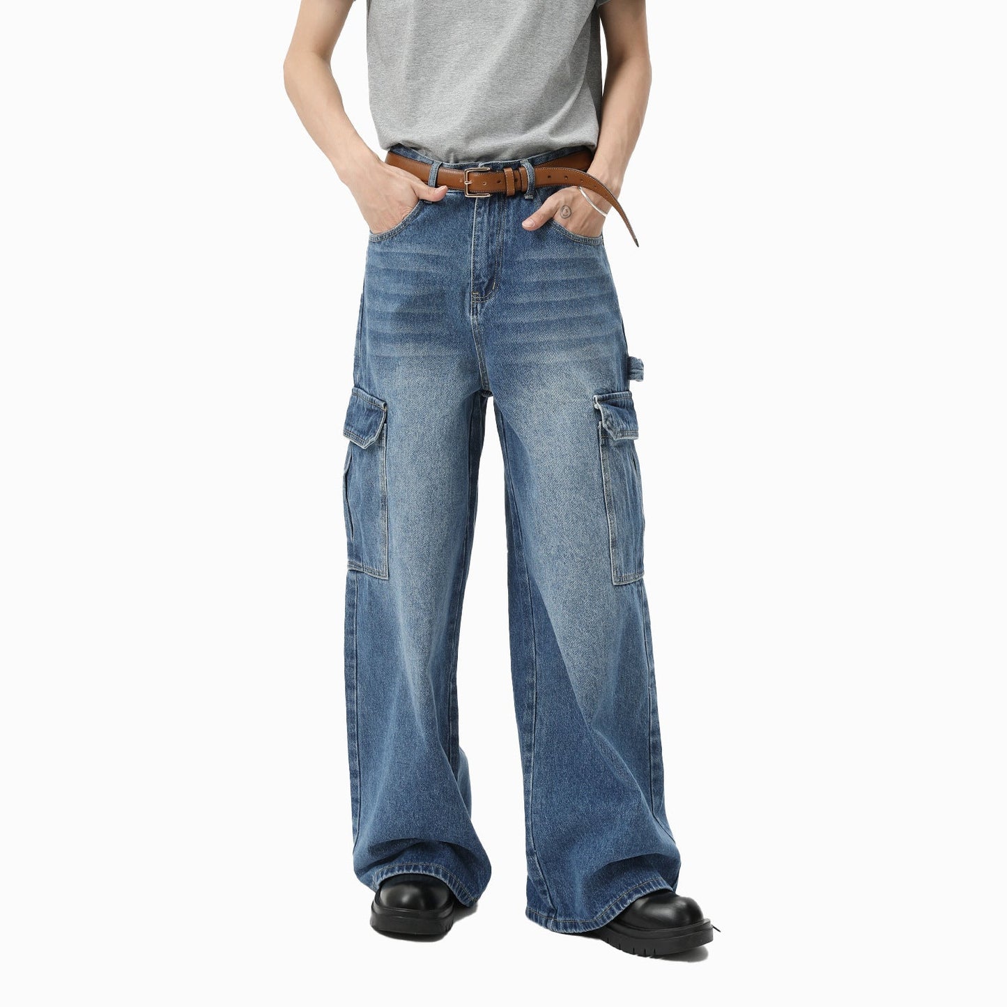 Bleached Wide-leg Multi-pocket Straight-leg Casual Work Pants