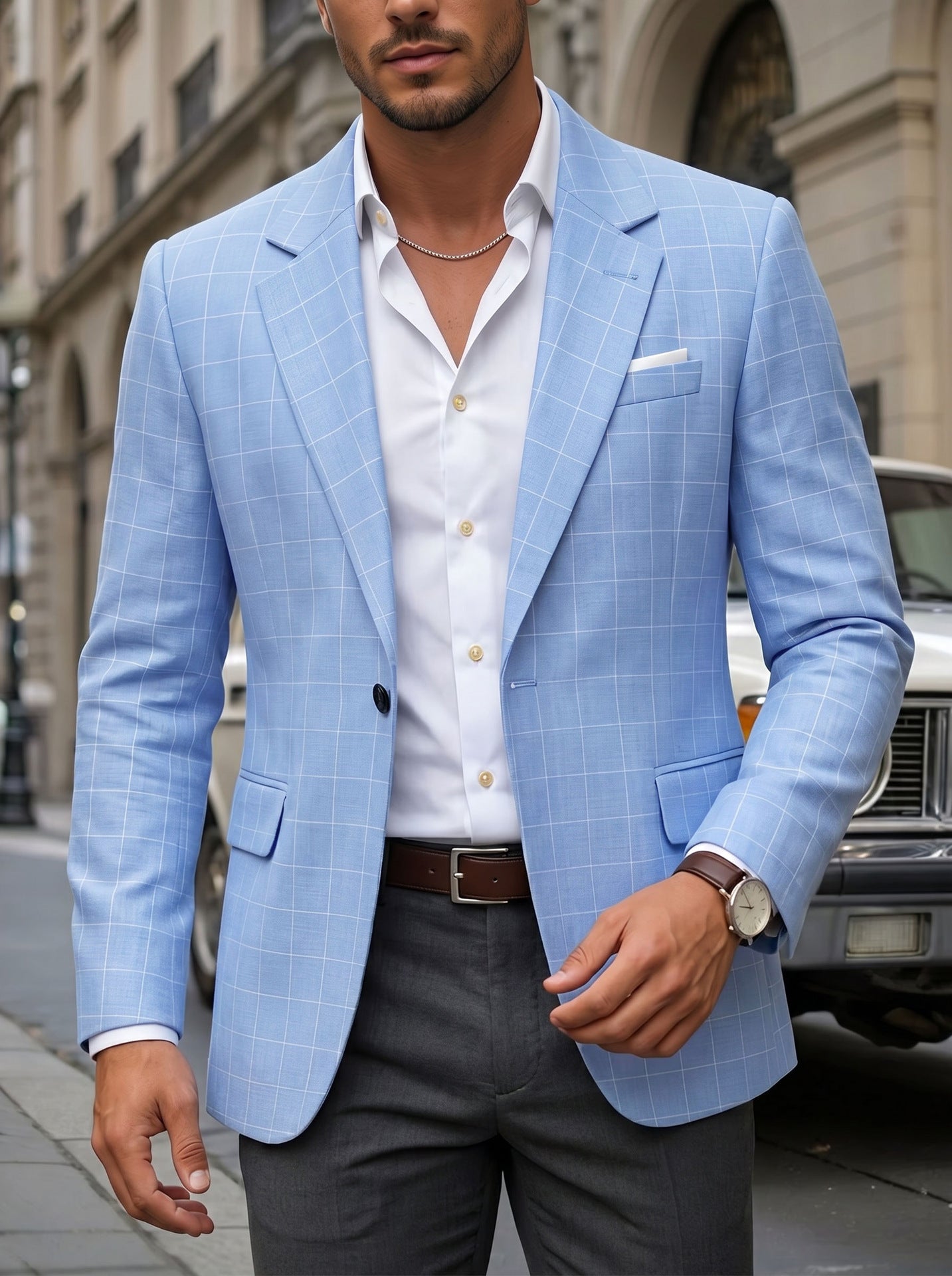 Mens Light Business-Style Plaid Suit Jacket