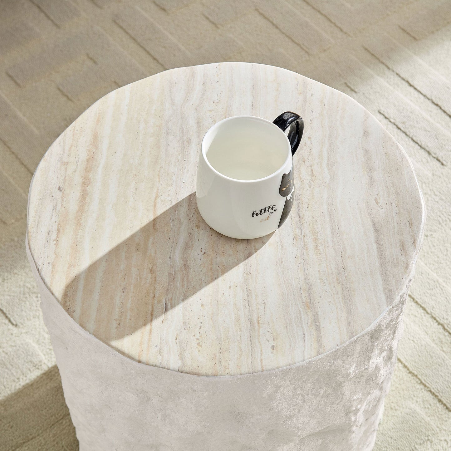 15.75 in Round Fiberglass Side Table, Imitation Stone Design, No Assembly, Beige