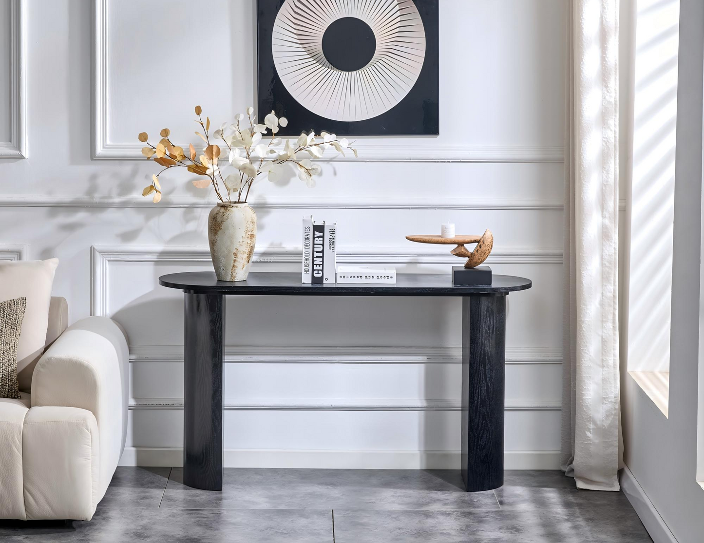 Black Curved Foyer Table, Wood Grain Minimalist Entrance Side Table